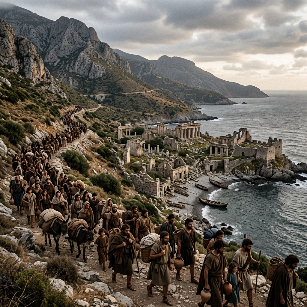 Group of ancient people walking on a rocky coastal path past ruins and boats