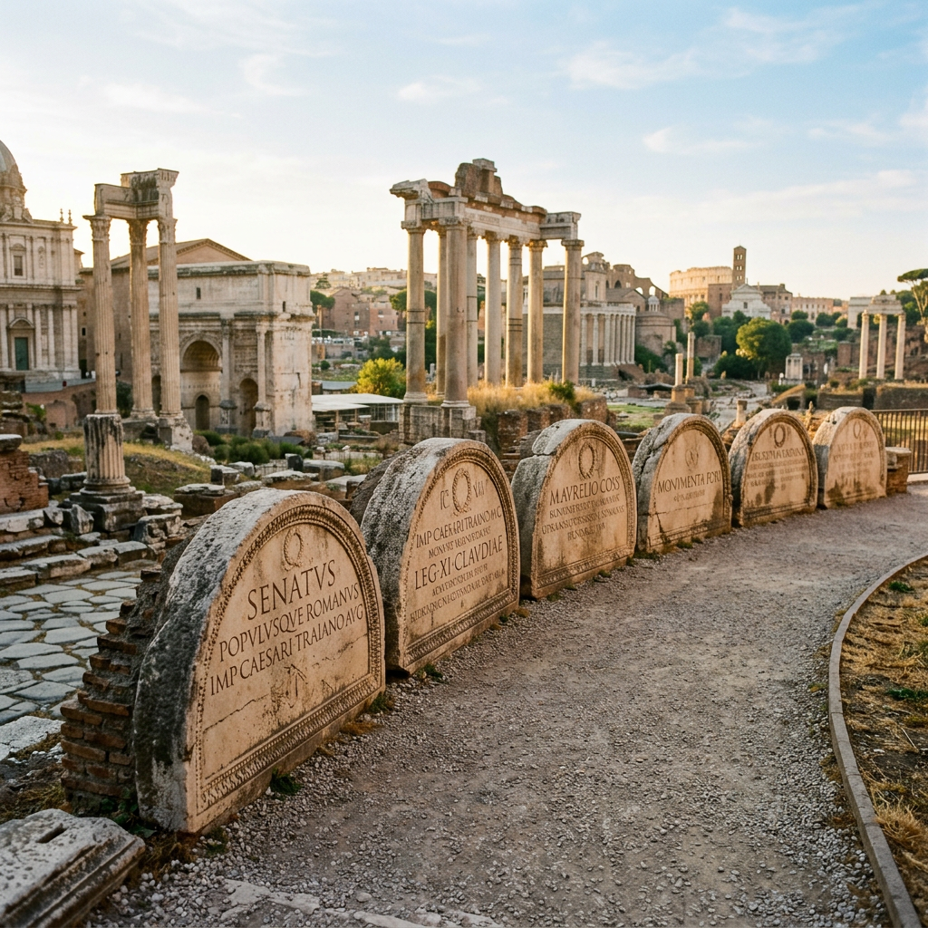 Roman tombstones and ancient ruins in the Roman Forum, Rome
